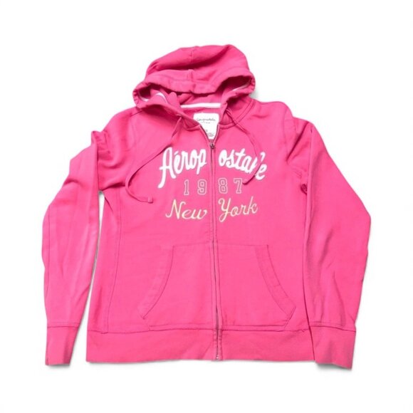VTG Aeropostale NY Hoodie Women's L Pink Full Zip Embroidered Spellout Logo Y2K - Picture 1 of 7
